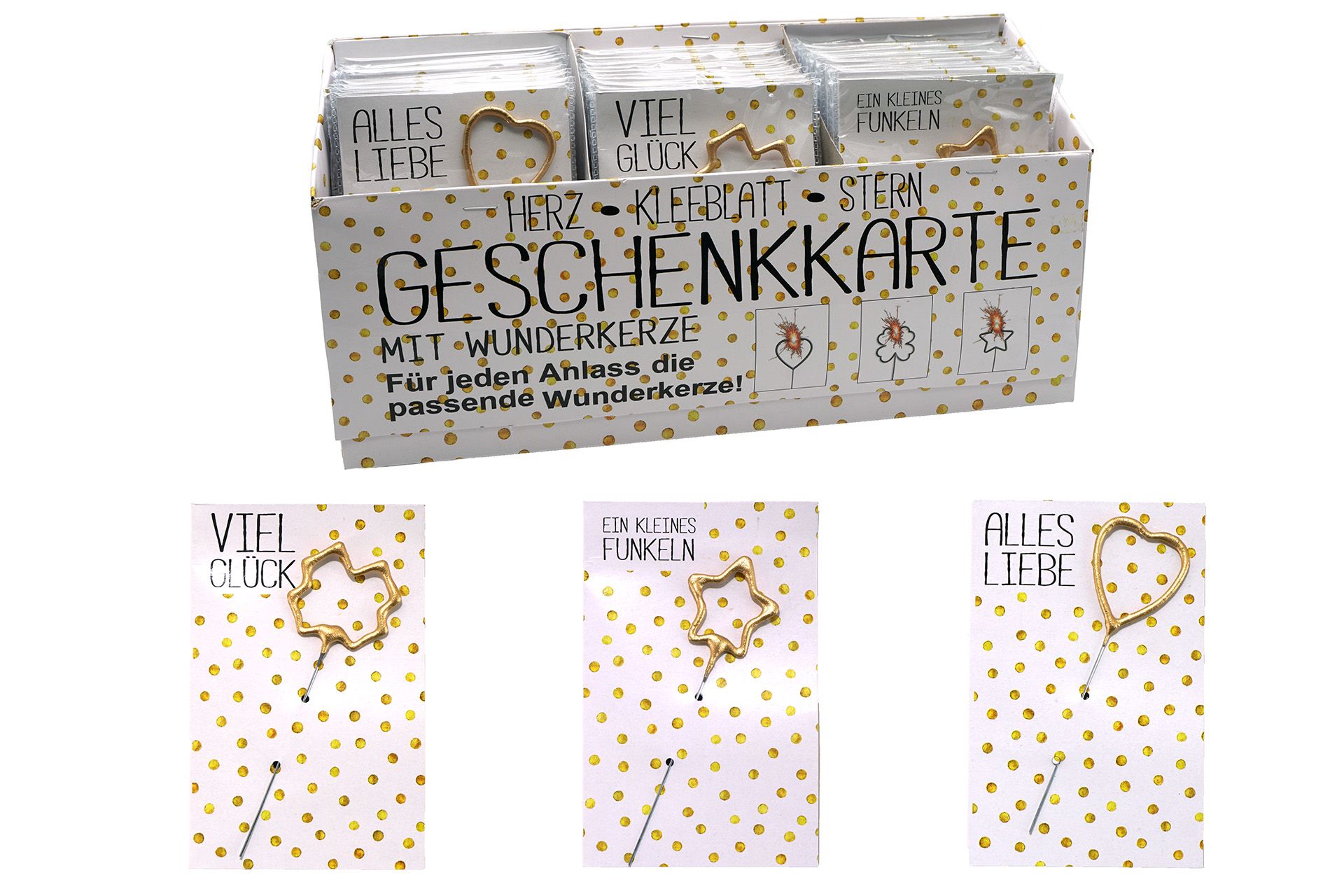 Wunderkerze/Geschenkkarte gold, 10cm, Herz/Kleeblatt/Stern