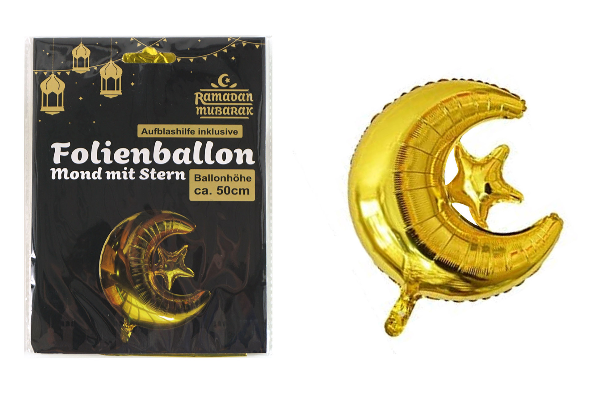 Folienballon Mond mit Stern "Ramadan", 50cm, Gold
