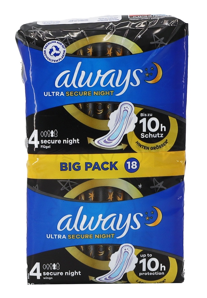 Always Ultra Damenbinden Secure Night 4 mit Flügeln BigPack 18Stück
