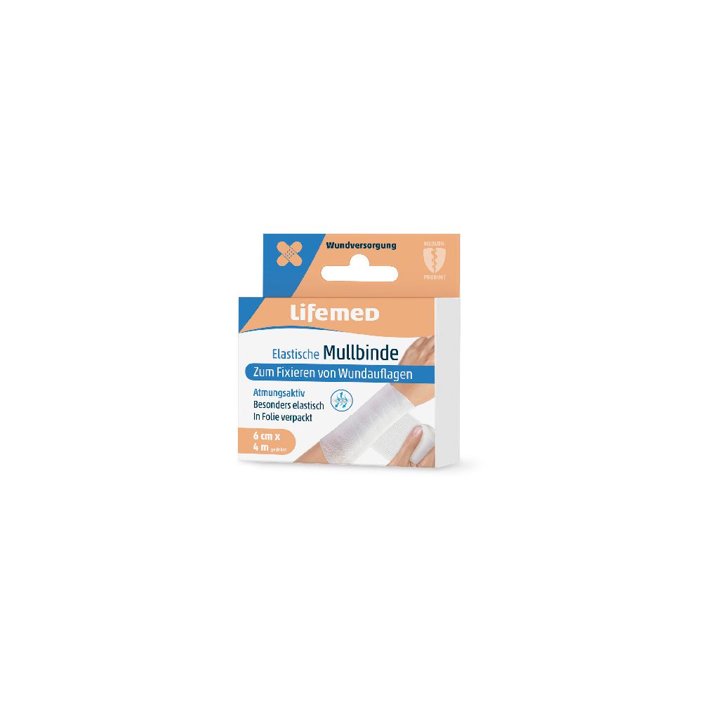 Lifemed Elastische Mullbinde zum Fixieren von Wundauflagen  4 m x 6 cm weiss