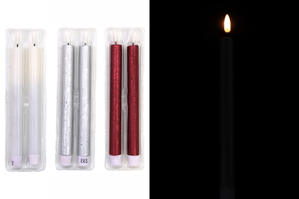LED Echtwachskerze Stabkerze "3D Flamme", 24cm, 2er Set, warmweiß, 3 Farben