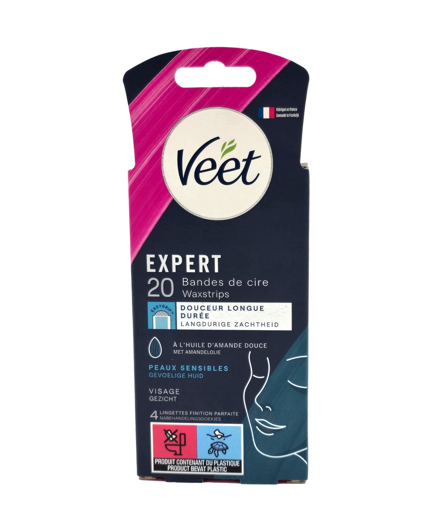 Veet Expert Kaltwachsstreifen Gesicht 20 Stück + 4 Pflegetücher - für empfindliche Haut