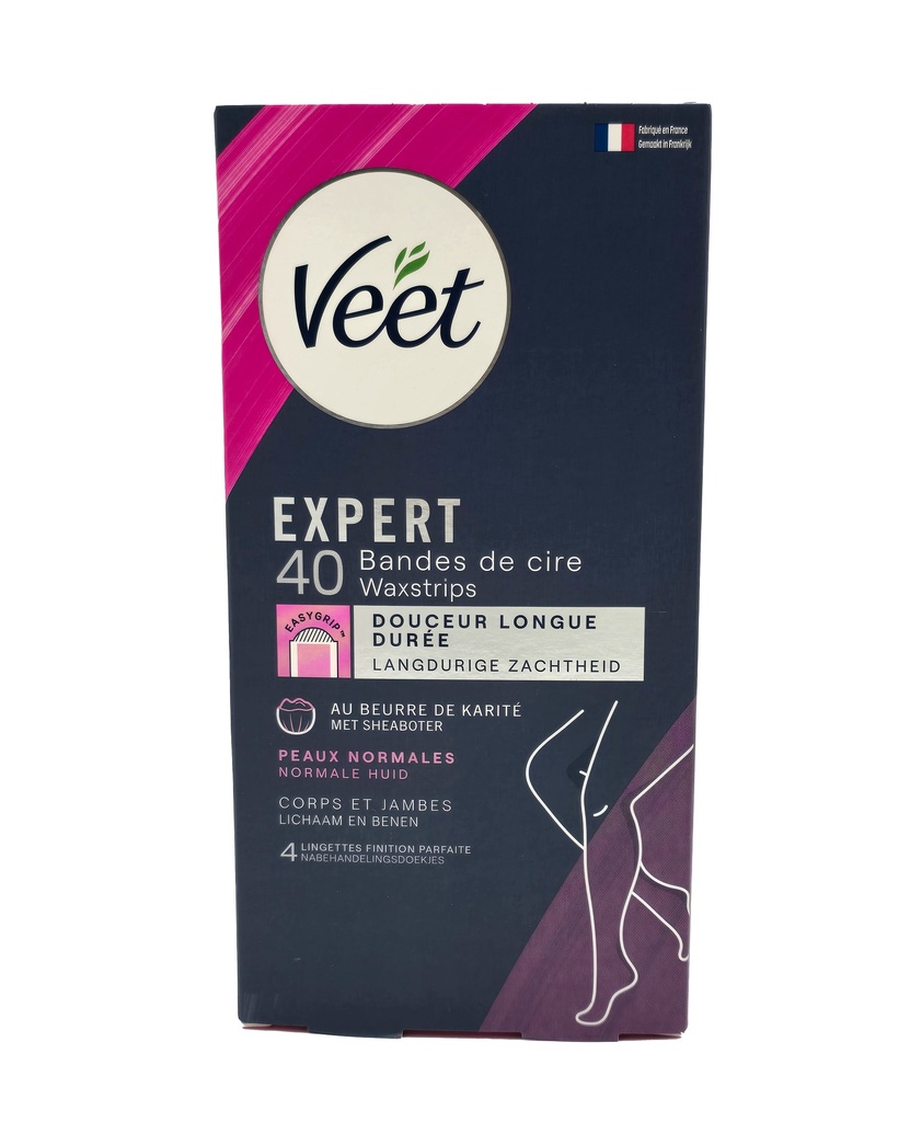 Veet Expert Kaltwachsstreifen Körper & Füße 40 Stück + 4 Pflegetücher - für normale Haut