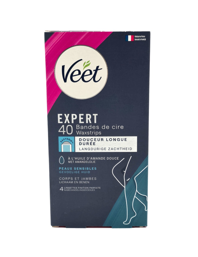 Veet Expert Kaltwachsstreifen Expert Körper & Füße 40 Stück + 4 Pflegetücher - für sensible Haut