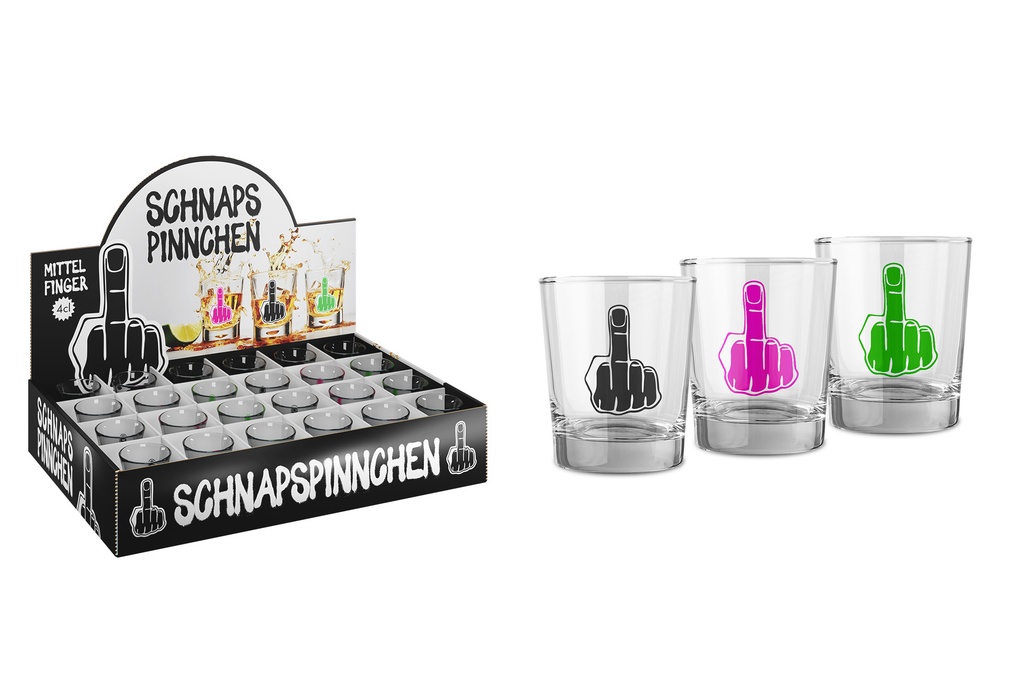 Schnapspinnchen "Mittelfinger" Glas 4cl, im Display, 3 Farben