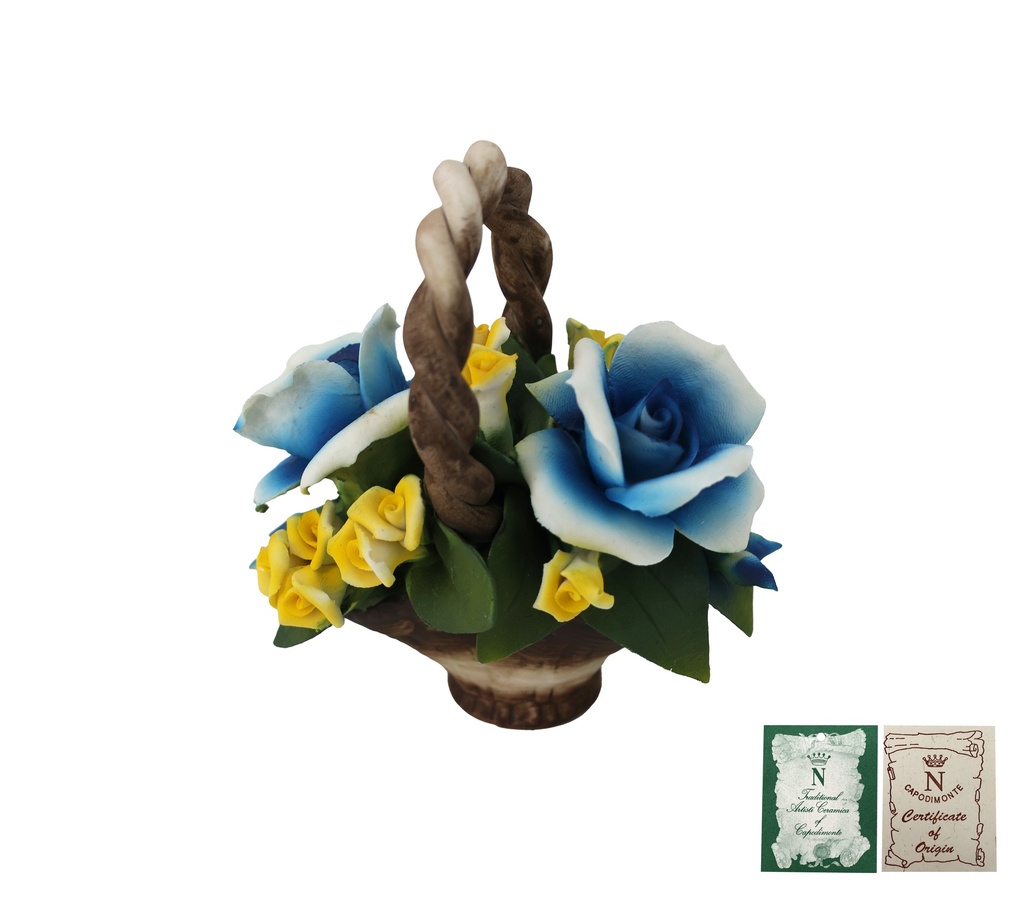 Capodimonte Porzellan Blumenkorb blau gelb 15x12cm