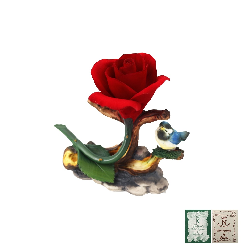 Capodimonte Porzellan Rose rot Vogerl 13x12cm