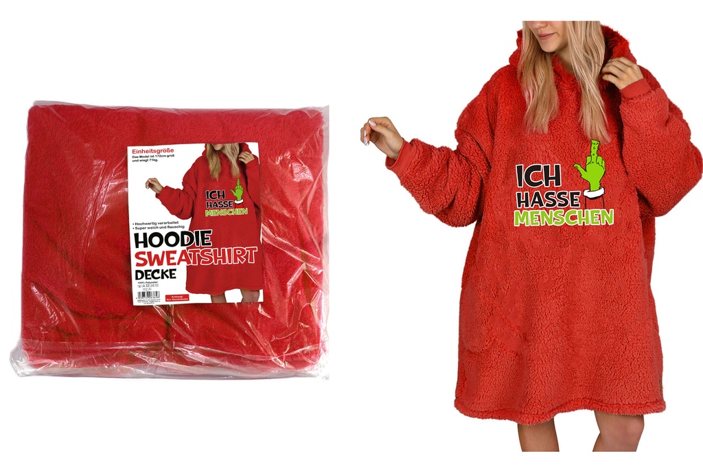 Hoodie Festtags-Muffel | Rot | Einheitsgröße 130×180 cm | Anti-Weihnachten Kuscheldecke mit Kapuze & Ärmel