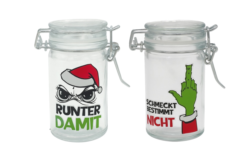 Einmachglas "Festtags-Muffel" mit Bügelverschluss 70ml , 2 Designs | Anti-Weihnachten für Weihnachtsmuffel, Xmas-Muffel & Weihnachts-Hasser