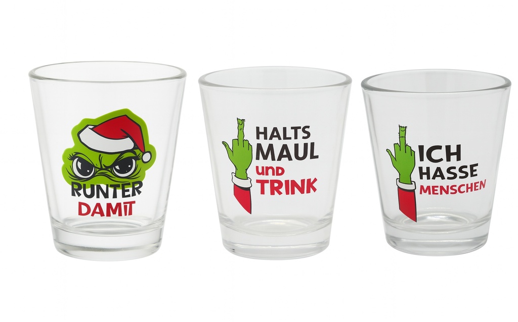 Festtags-Muffel Schnapsgläser (4 cl) | Lustige Weihnachtsmuffel Shotgläser mit Sprüchen