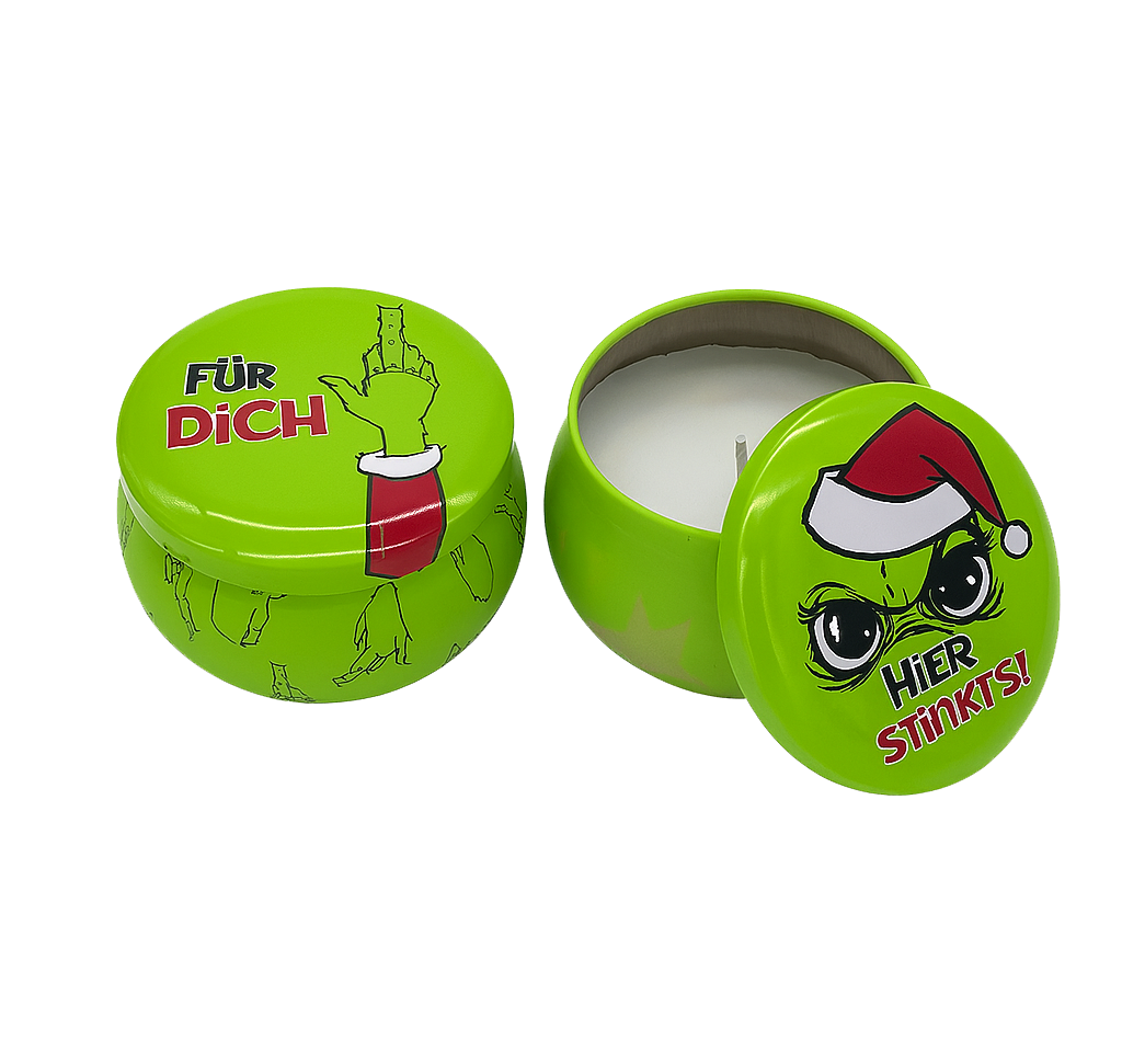 Duftkerze in Dose "Festtagsmuffel", 8x8x8cm, 2 Designs Varianten | Anti-Weihnachten für Weihnachtsmuffel, Xmas-Muffel & Weihnachts-Hasser