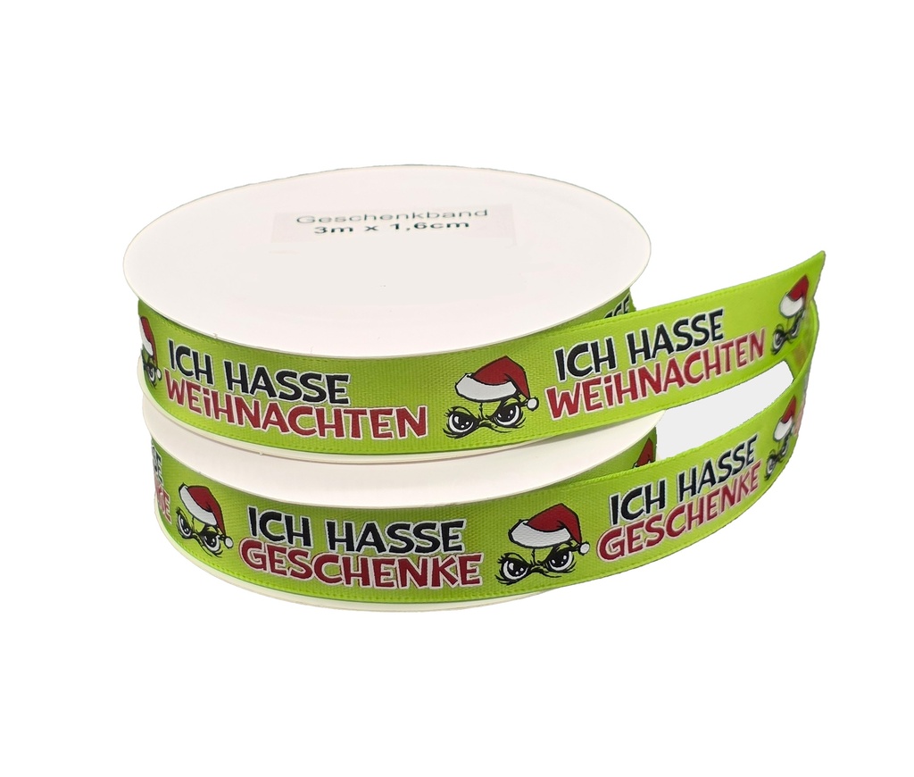 Geschenkband Festtags-Muffel 3 m × 1,6 cm, 2 Designs | Lustiges Anti-Weihnachten Schleifenband für Weihnachtsmuffel & Geschenkrebellen