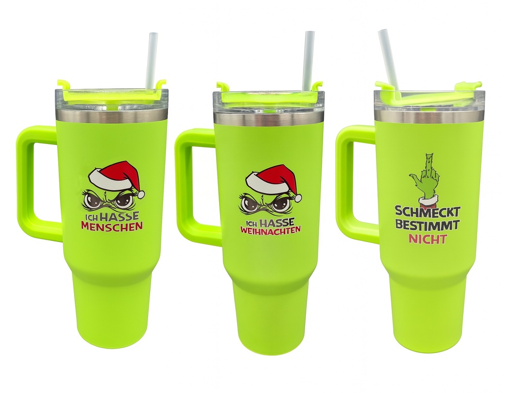 Thermobecher Festtags-Muffel 1200 ml | XXL Edelstahl SS304/SS201 | Lustiger Anti-Weihnachten Isolierbecher mit Strohhalm für Kaffee-Fans & Weihnachtsmuffel