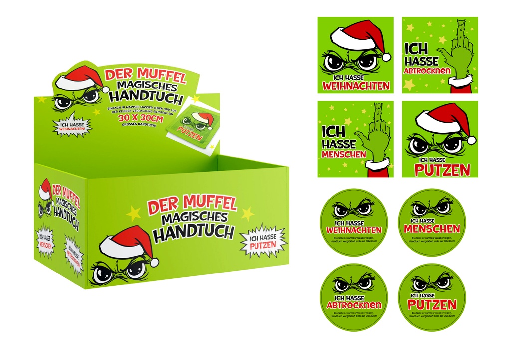 Magisches Handtuch Festtags-Muffel 30x30cm, 4 Designs | Anti-Weihnachten für Weihnachtsmuffel, Xmas-Muffel & Weihnachts-Hasser