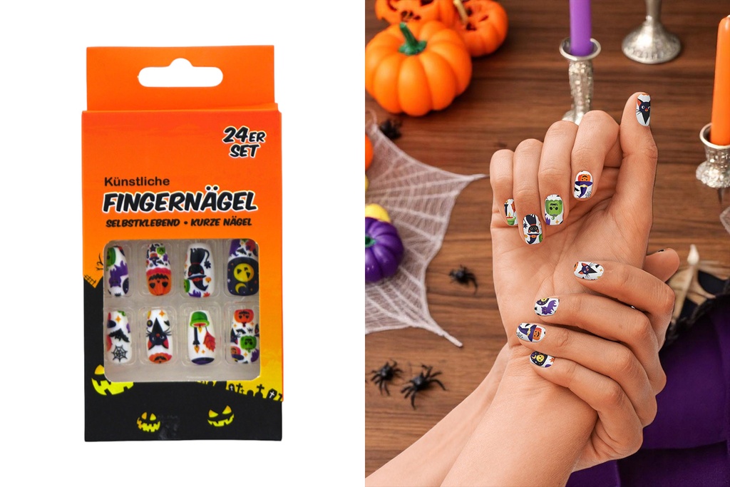 Künstliche Fingernägel "Halloween", 24er Set, selbstklebend, 6 Designs