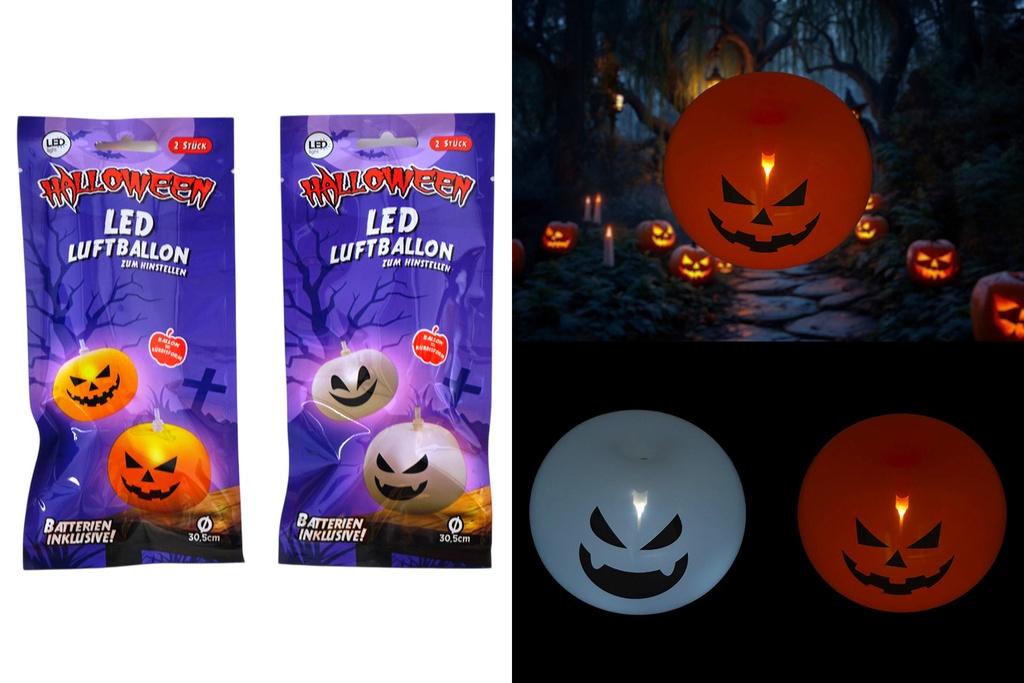LED Luftballon 2er "Halloween" 30x20cm, 2 Designs