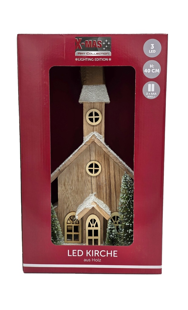 LED Holz-Kirche 40 cm – warmweiß, 220 V Weihnachtsdekohaus