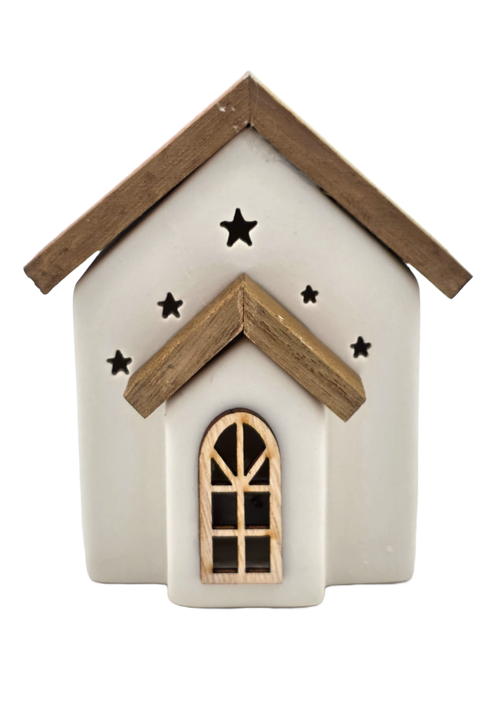 Weihnachts Dekohaus aus Porzellan LED mit Holzdach, H x 10,8 cm