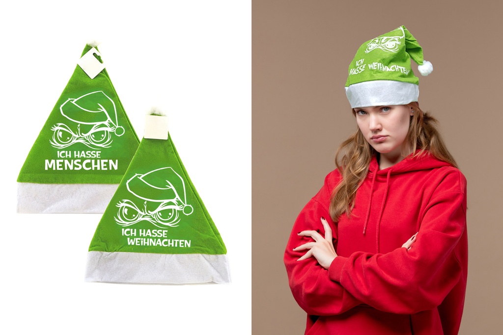 Weihnachtsmütze Plüsch Festtags-Muffel Grün mit Bommel – Lustige Anti-Weihnachten Mütze für Weihnachtsmuffel | Wichtel-Geschenkidee für Männer & Frauen