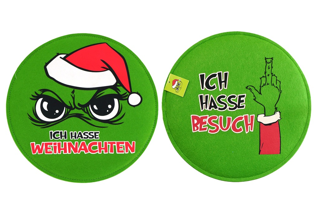 Sitzkissen Filz rund "Festtagsmuffel", 35x35cm, Dicke 2cm, 2 Designs | Anti-Weihnachten für Weihnachtsmuffel, Xmas-Muffel & Weihnachts-Hasser