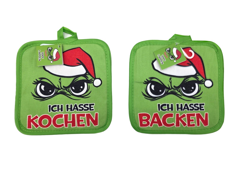 Topflappen Festtags-Muffel 2 Designs | Lustige Anti-Weihnachten-Topflappen für Weihnachtsmuffel | Baumwolle | 18 × 18 cm