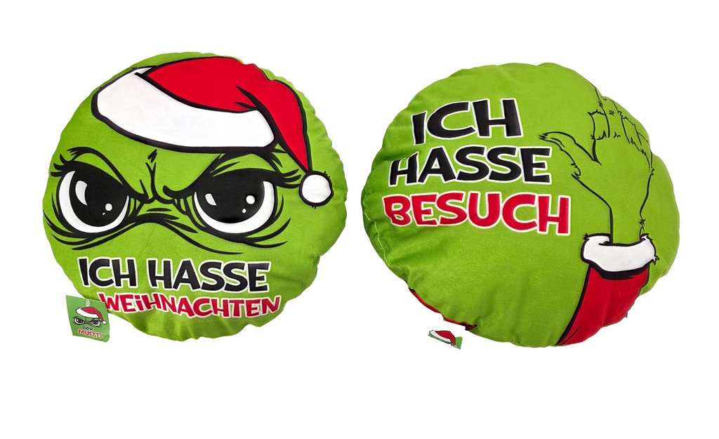 Plüschkissen "Festtags-Muffel", doppelseitiger print, Ø 30cm, 2 Designs | Anti-Weihnachten für Weihnachtsmuffel, Xmas-Muffel & Weihnachts-Hasser