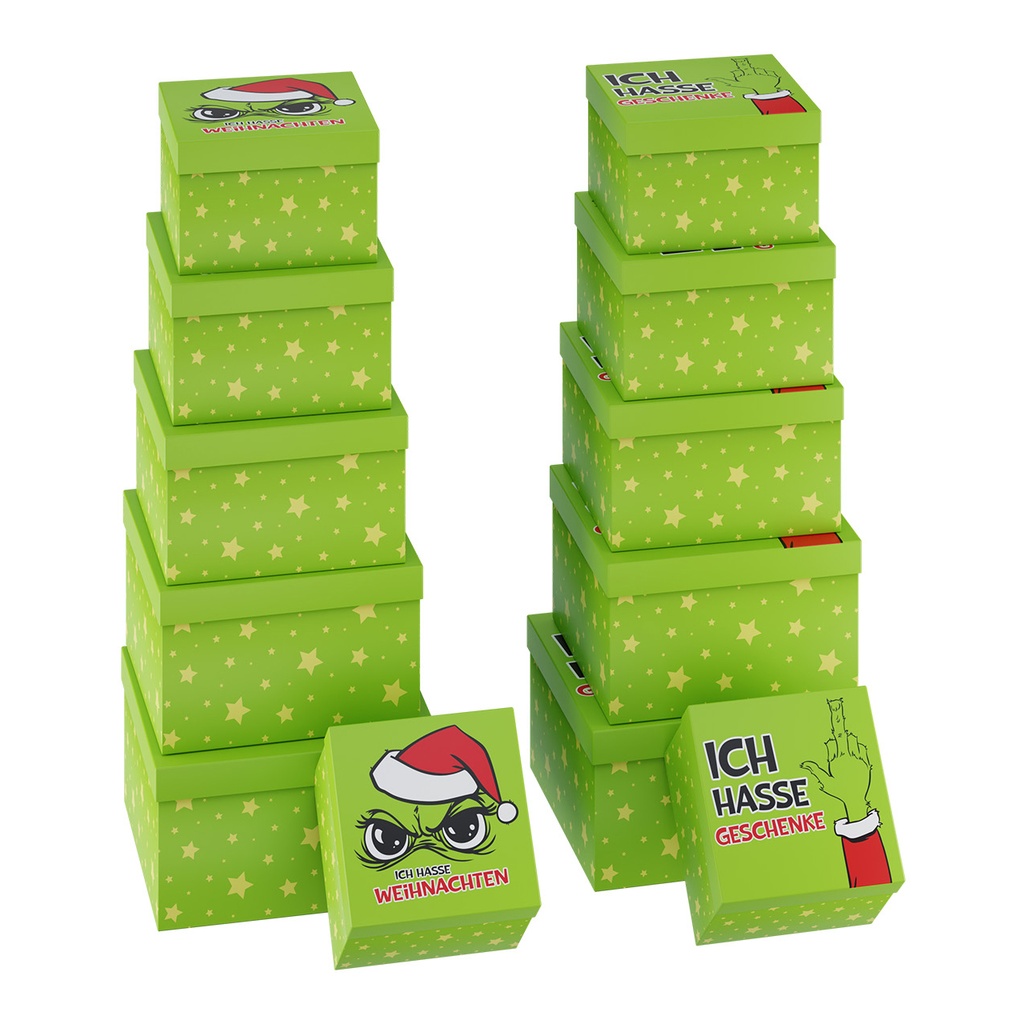 Geschenkboxen "Festtags-Muffel", 6er-Set (6 Größen), 2 Designs | Anti-Weihnachten für Weihnachtsmuffel, Xmas-Muffel & Weihnachts-Hasser