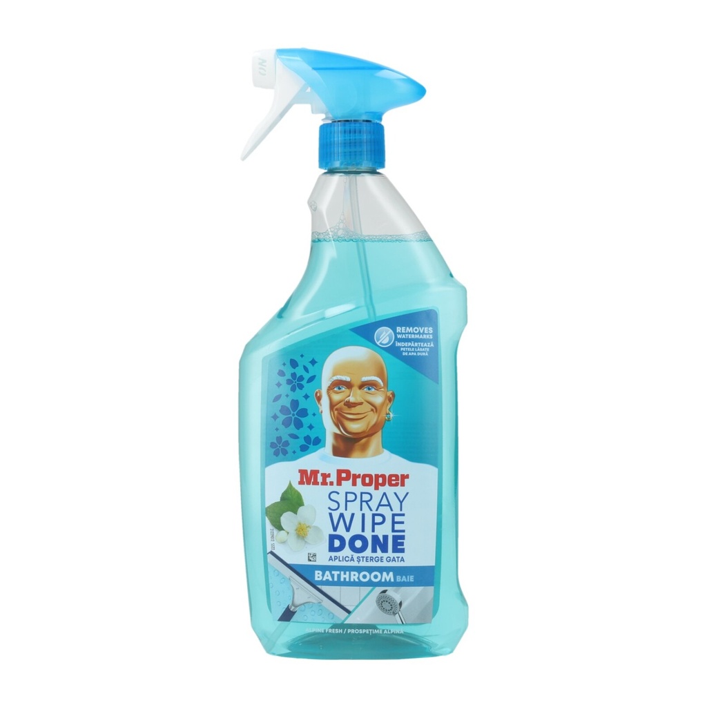 Mr. Proper Spray Wipe Done Badezimmerreiniger Alpine Fresh 800 ml in blauer Sprühflasche