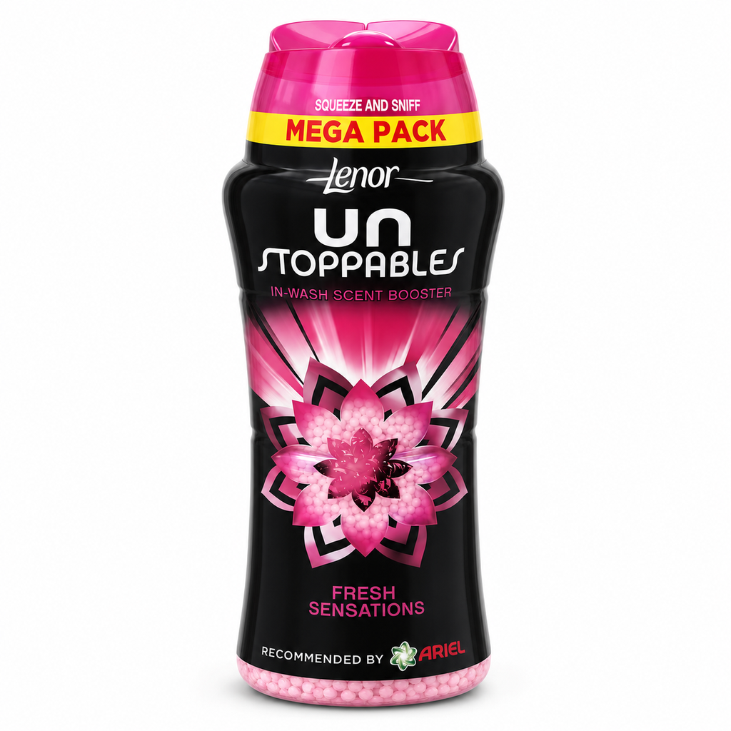 Lenor Unstoppables Floral Fresh Wäscheparfüm 495 g im schwarzen Mega-Pack mit pinkem Deckel und rosa Duftperlen