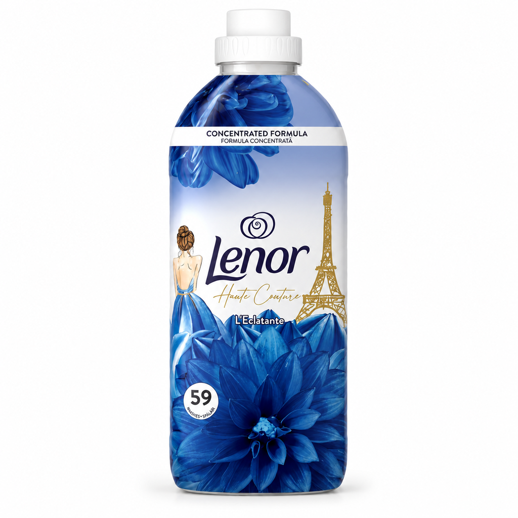 Lenor Haute Couture L’Éclatante konzentrierter Weichspüler für 59 Waschgänge in blau-weißer Flasche mit Blumenmotiv