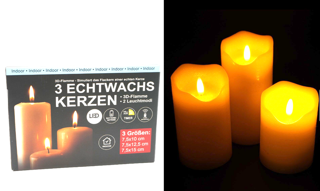 LED Echtwachskerze "3D Flamme" 4tlg. Set, 7,5x10/12,5/15, Timer+Fernbed., creme 