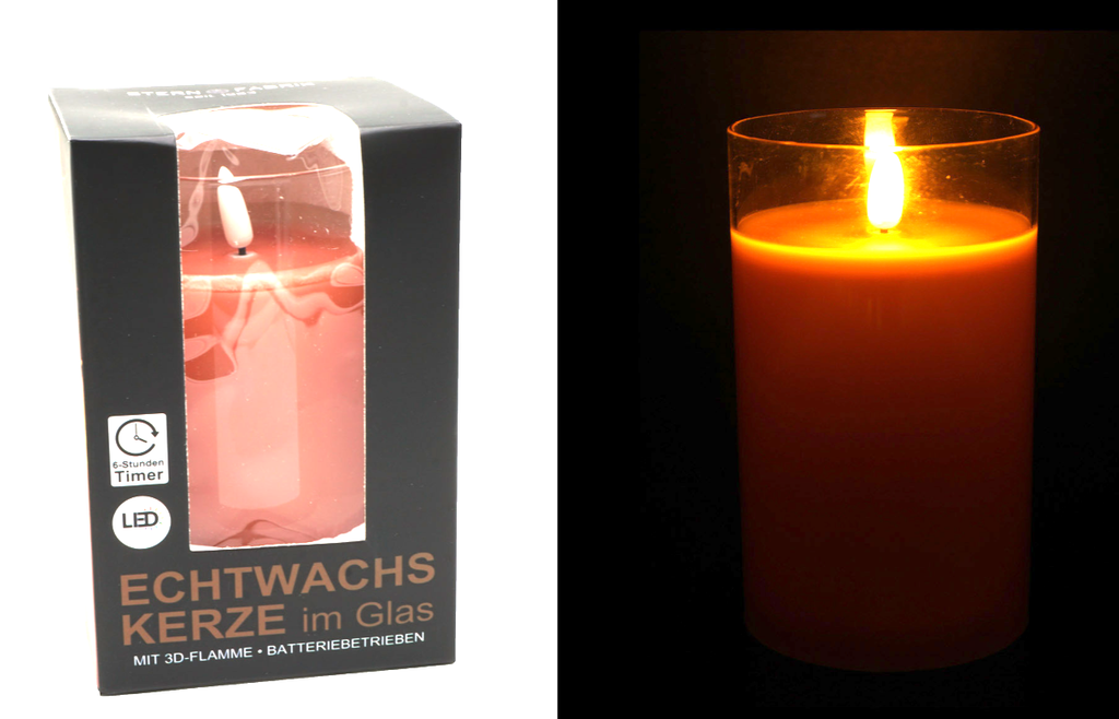 LED Echtwachskerze in Glas "3D Flamme" 7,5x12,5cm 6h Timer, rose, transp. Glas 