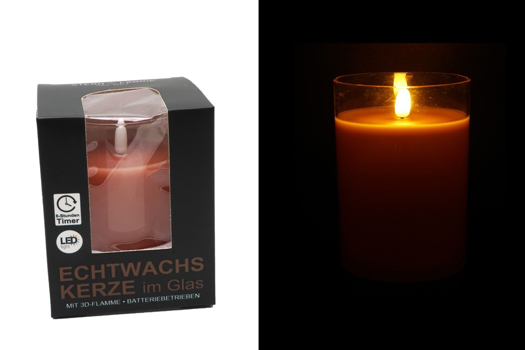 LED Echtwachskerze in Glas "3D Flamme" 7,5x10cm 6h Timer, rose, transp. Glas