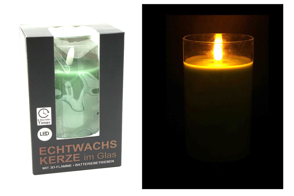 LED Echtwachskerze in Glas "3D Flamme" 7,5x15cm 6h Timer, mint, transp. Glas 