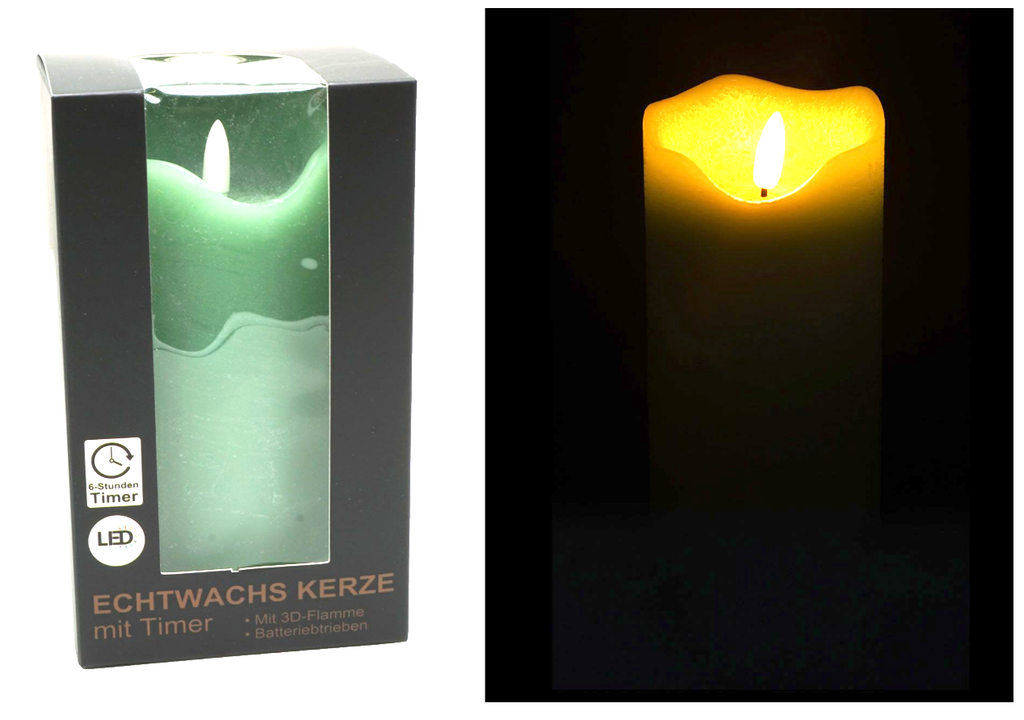 LED Echtwachskerze "3D Flamme" 7,5x15cm mit Timer, mint 