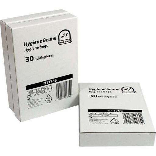 [8843] 30 "Medi-Inn®" Hygienebeutel, HDPE 25 cm x 8 cm x 6 cm weiss im Spenderkarton