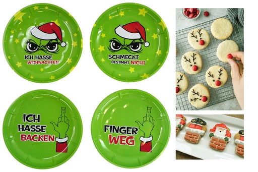 Gebäck- und Dekoteller Festtags-Muffel Ø 26 cm, Metall, 4 Designs | Lustige Keksteller & Plätzchenteller für Weihnachtsbäckerei, Deko & Weihnachtsmuffel