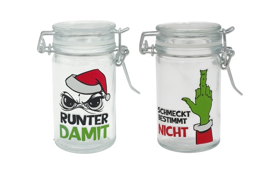 Einmachglas Festtags-Muffel mit Bügelverschluss | 70 ml Glas mit Spruch – Lustiges Anti-Weihnachten Geschenk & Wichtel-Deko für Weihnachtsmuffel
