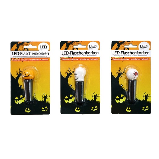 [7771] Flaschenkorken Halloween 3 Designs, 1x LED Totenkopf, Auge, Kürbis