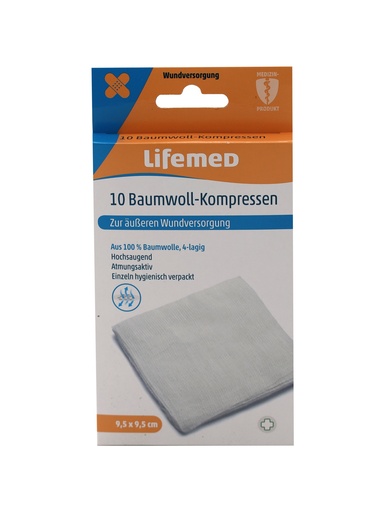 [13280] 10 Stück "Lifemed" Baumwoll-Kompressen 9,5 cm x 9,5 cm weiss 4-lagig