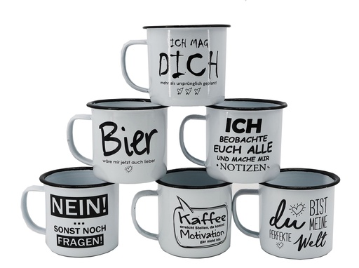 [P0001007] Metalltasse "Retro" 350ml, mit Spruch, 6 Designs