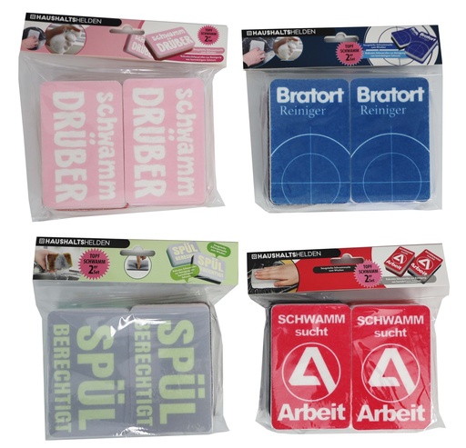 [P0001662] Topfschwamm mit Spruch, 11x7x3cm, 2er Set, 4 Designs