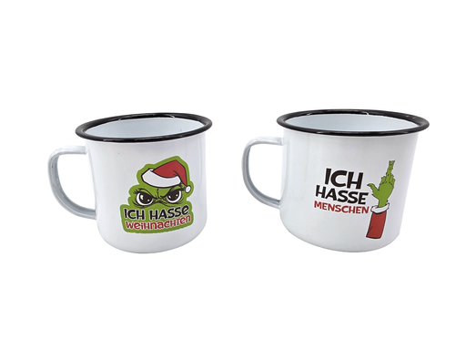 Metalltasse Festtags-Muffel | Emaille Becher 350 ml | 2 Designs | Lustige Weihnachtstasse für Weihnachtsmuffel, Humor-Fans & Anti-Xmas-Realisten