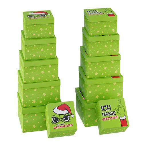 Geschenkboxen Festtags-Muffel | 6er-Set (6 Größen) | 2 Designs | Lustige Anti-Weihnachten Geschenkverpackung für Weihnachtsmuffel, Wichtel & Anti-Xmas-Fans