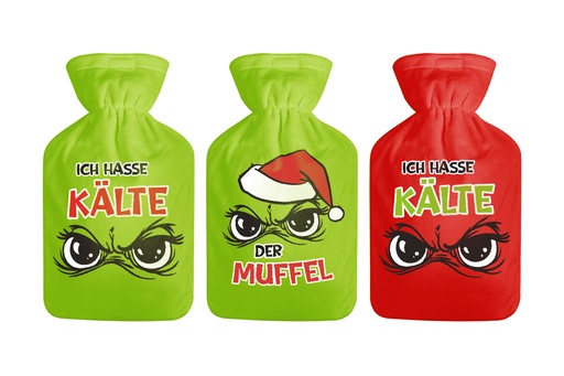 Wärmflasche 2 L mit Überzug Festtags-Muffel | 2 Designs | 2 Farben Rot & Grün | Anti-Weihnachten Geschenk gegen Kälte, Schnee & Winter-Blues