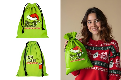 [P0002082] Geschenkbeutel Festtags-Muffel, 24 × 26 cm | Lustige Anti-Weihnachten Verpackung & nachhaltige Wichtelidee für Weihnachtsmuffel