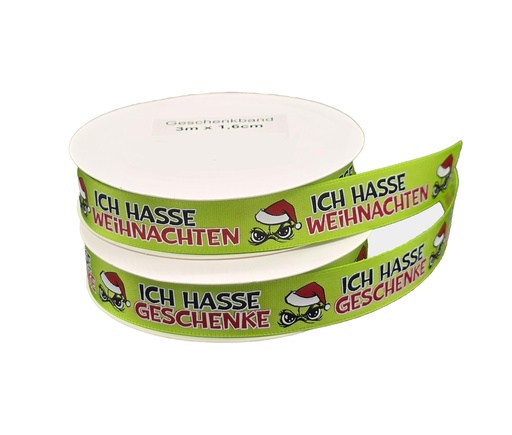 Geschenkband Festtags-Muffel 3 m × 1,6 cm, 2 Designs | Lustiges Anti-Weihnachten Schleifenband für Weihnachtsmuffel & Geschenkrebellen