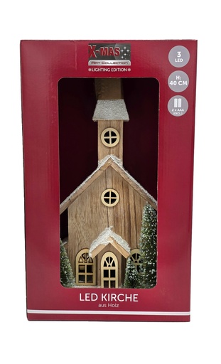[P0002580] LED Holz-Kirche 40 cm – warmweiß, 220 V Weihnachtsdekohaus