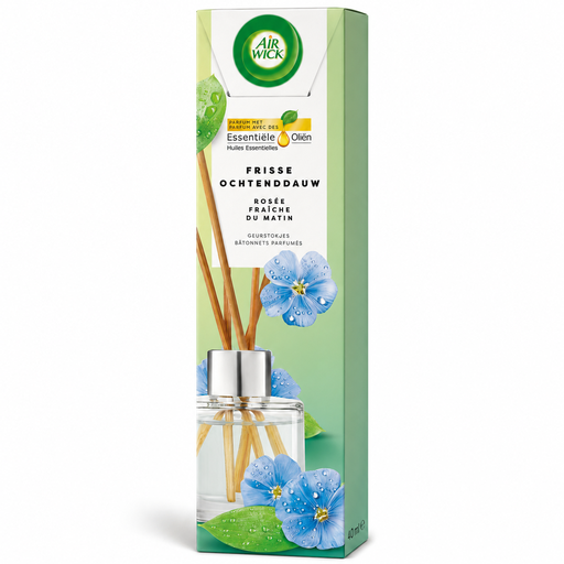 Air Wick Essential Oils Duftstäbchen Frischer Morgentau 40 ml mit blauen Blüten und grünen Blättern
