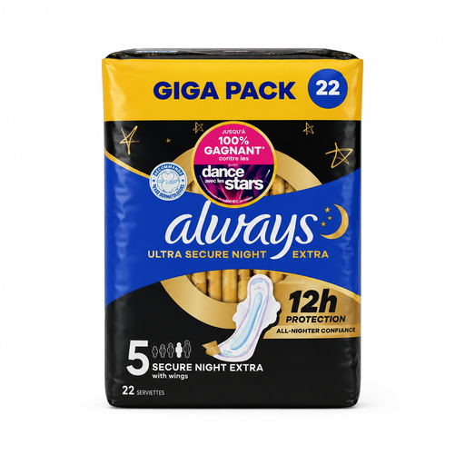 Always Ultra Secure Night Extra Damenbinden Größe 5 im Giga Pack mit 22 Stück und bis zu 12 Stunden Schutz